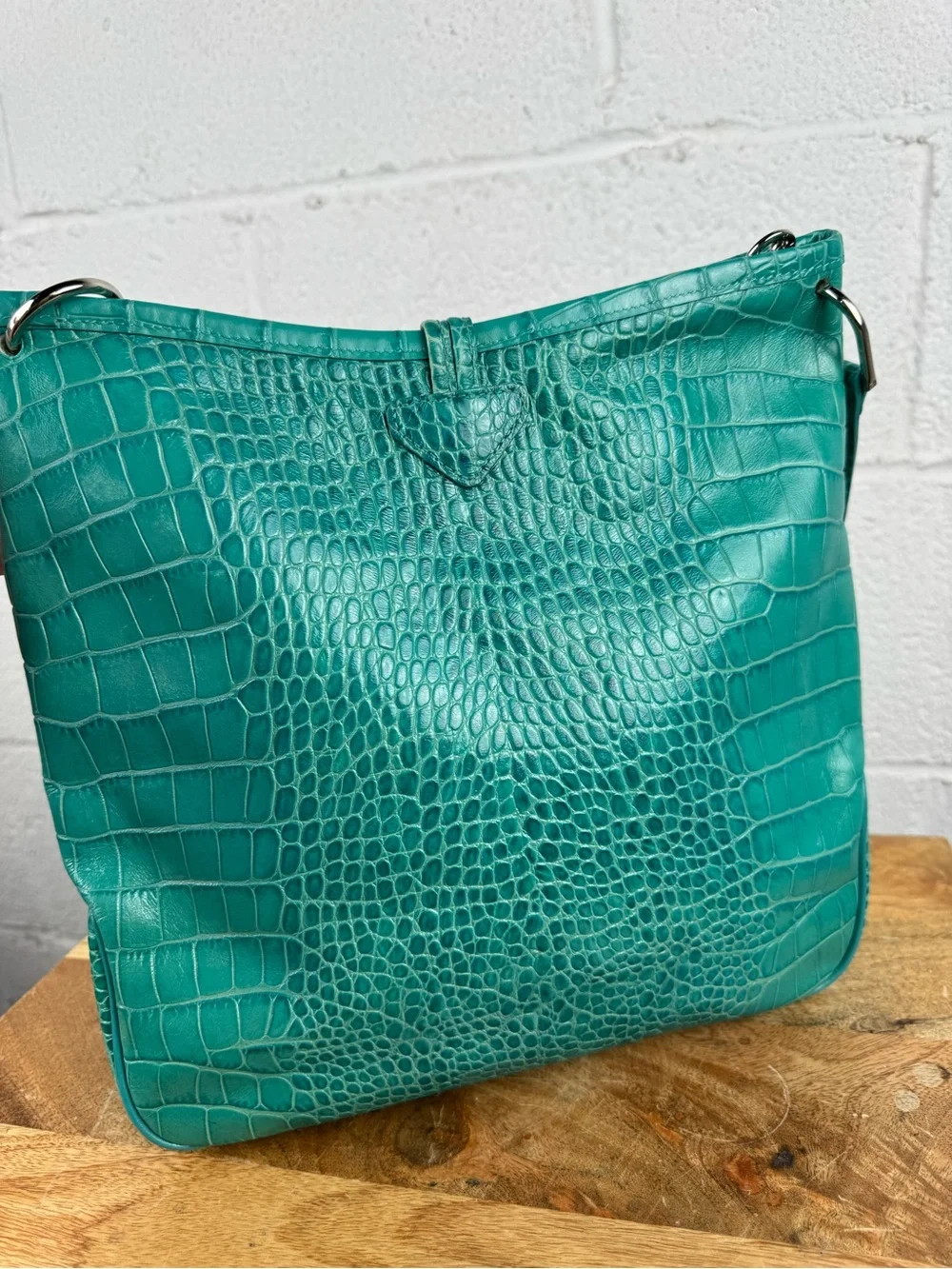 Longchamp Roseau Croc Embossed Leather Shoulder Bag Turquoise Teal France